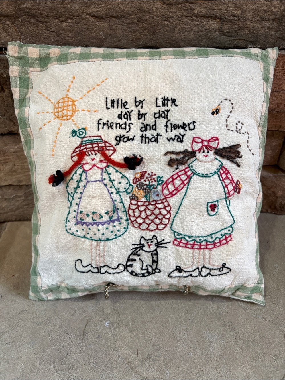 Vintage handmade embroidered friendship country cat pillow